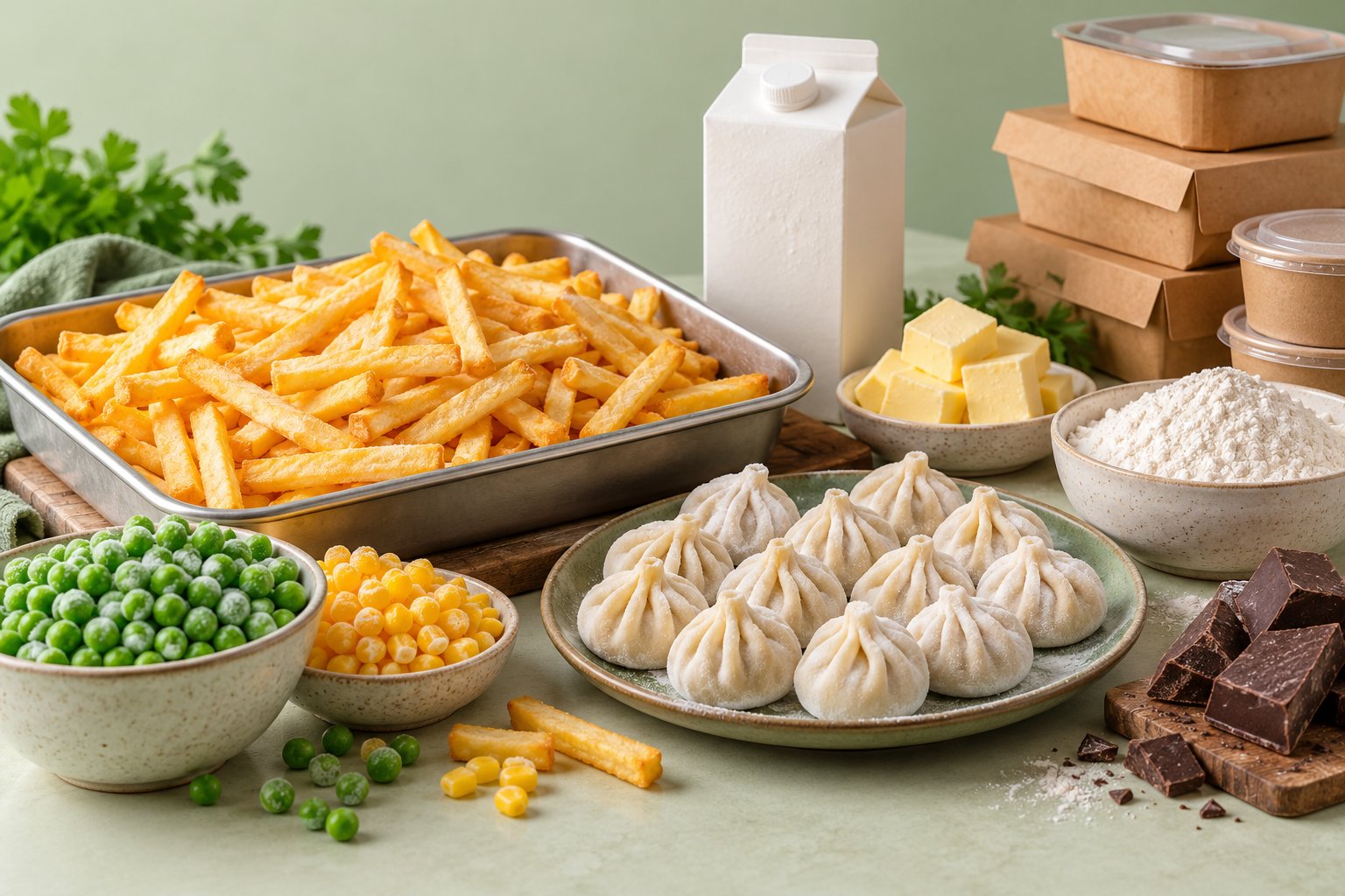 Illustrative assortment of frozen foods, bakery ingredients and food packaging
